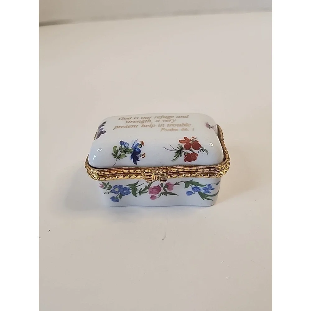 Imperial‎ Porcelain Trinket Box White, Goldtone & Floral Psalm 46:1 Bible Verse